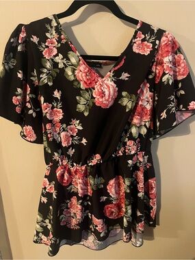 SHEIN Black Floral Wrap Peplum Blouse with Pink Roses